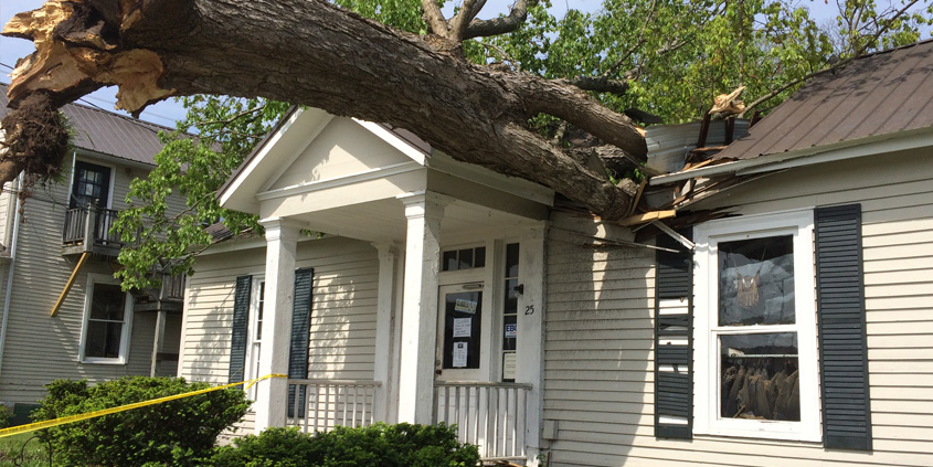 a tree lays on top of a house. The roof is caved in